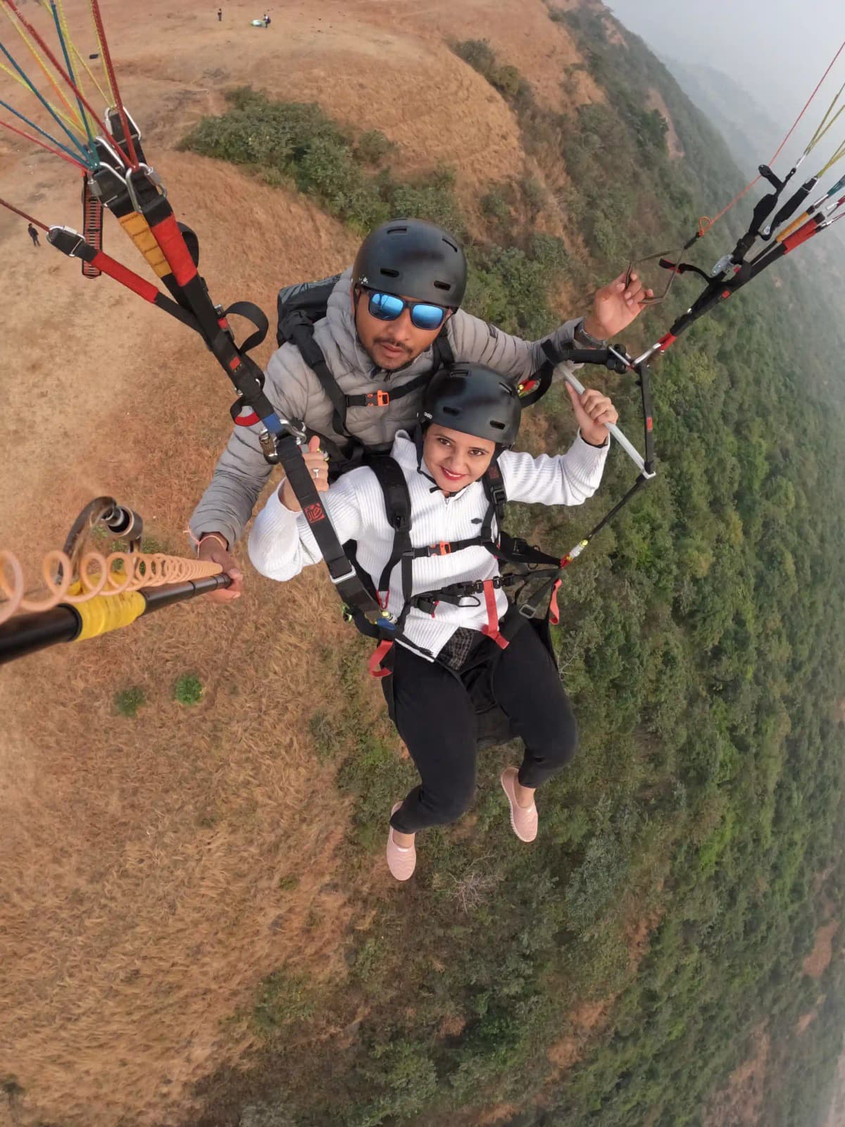 Close-up of paragliding wing and harness equipment